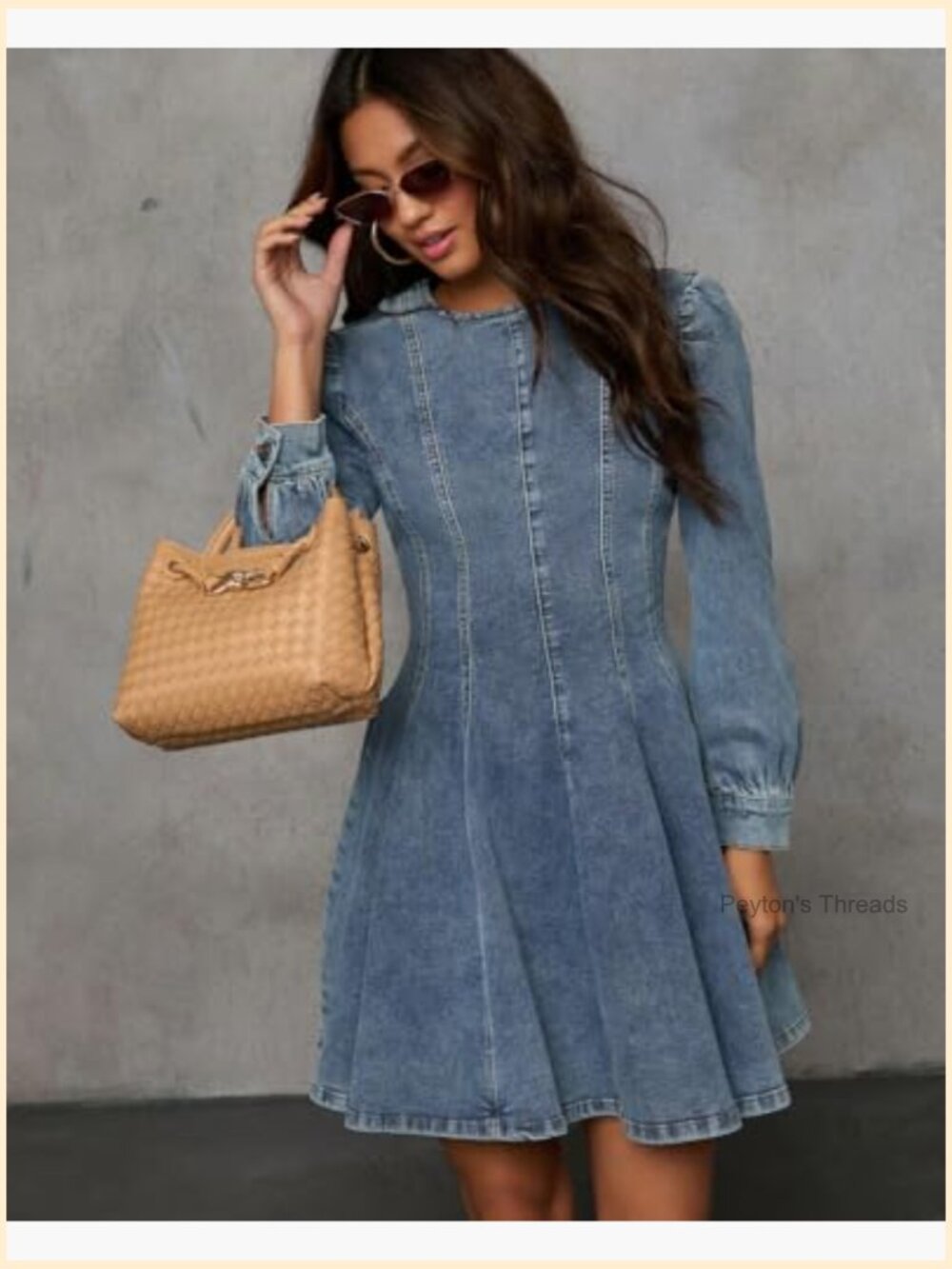 Long Sleeve Denim Mini Dress Stretchy Slim Fit Ruffle Swing A Line Jean Dress - Picture 3 of 7